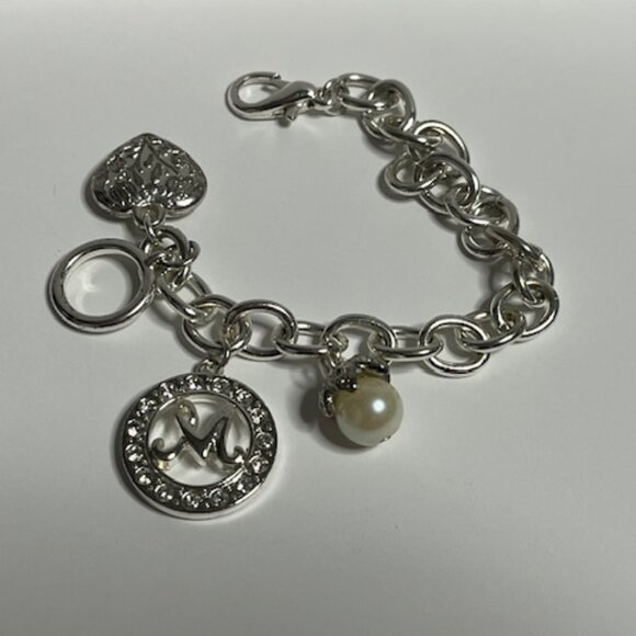 Silver-Tone Chain Charm Bracelet w/Heart, "M" Initial, Faux Pearl, Rhinestones - Picture 4 of 13
